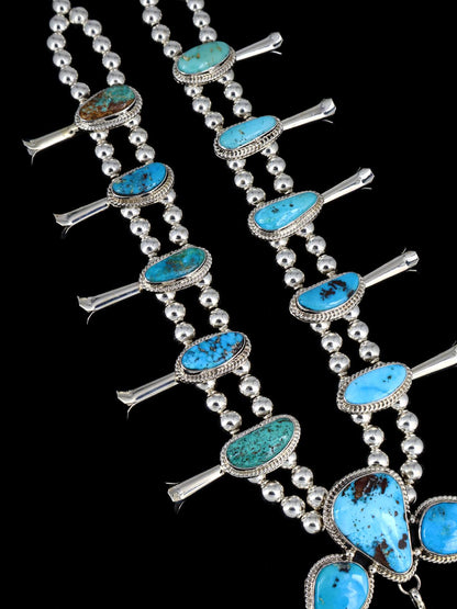 Native American Sterling Silver Royston Turquoise Squash Blossom Necklace Set