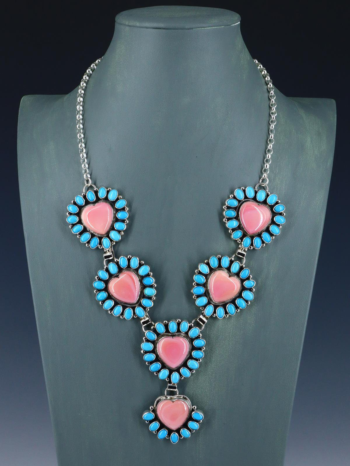 Navajo Jewelry Pink Conch Heart and Sleeping Beauty Turquoise Lariat Necklace