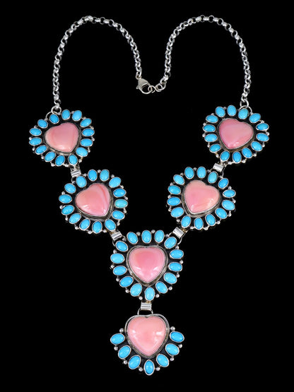Navajo Jewelry Pink Conch Heart and Sleeping Beauty Turquoise Lariat Necklace