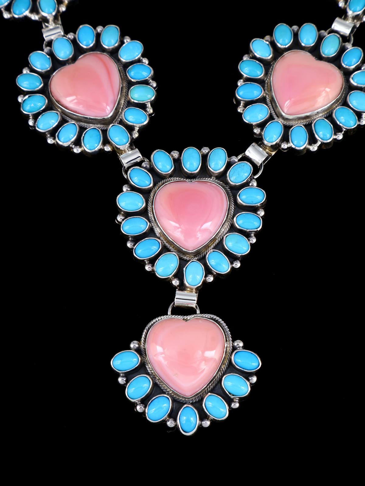 Navajo Jewelry Pink Conch Heart and Sleeping Beauty Turquoise Lariat Necklace