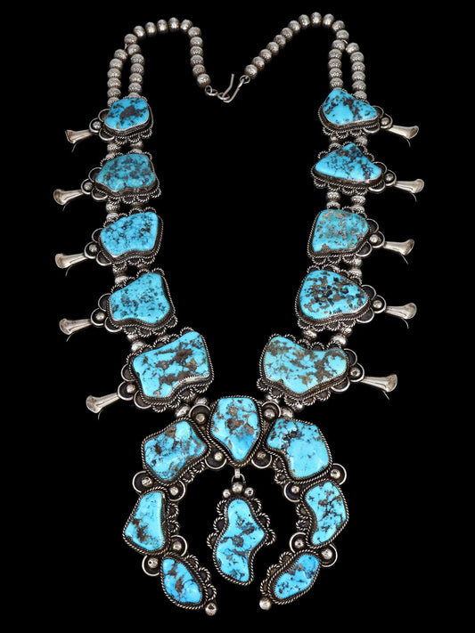 Vintage Native American Turquoise Sterling Silver Squash Blossom Necklace - PuebloDirect.com