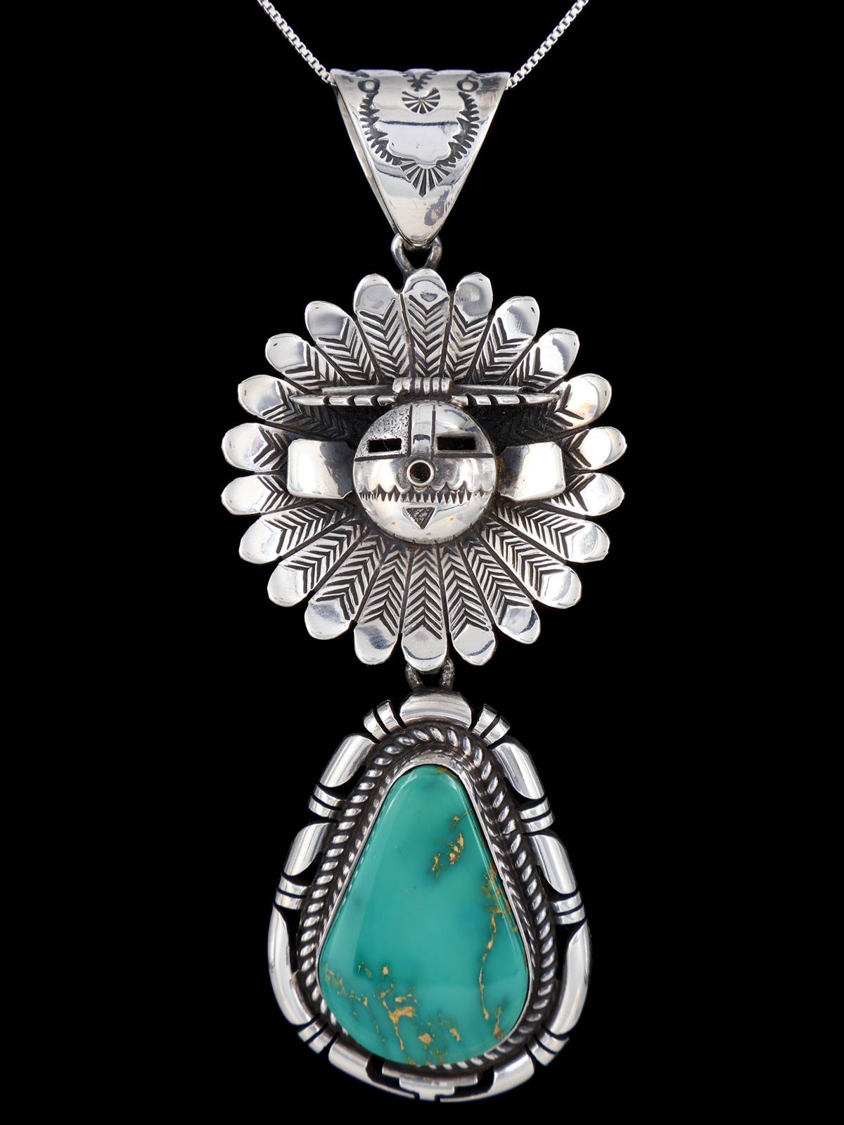 Native American Sterling Silver Royston Turquoise Kachina Pendant - PuebloDirect.com