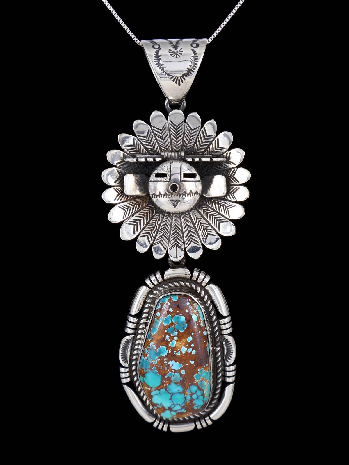 Native American Sterling Silver Royston Turquoise Kachina Pendant - PuebloDirect.com