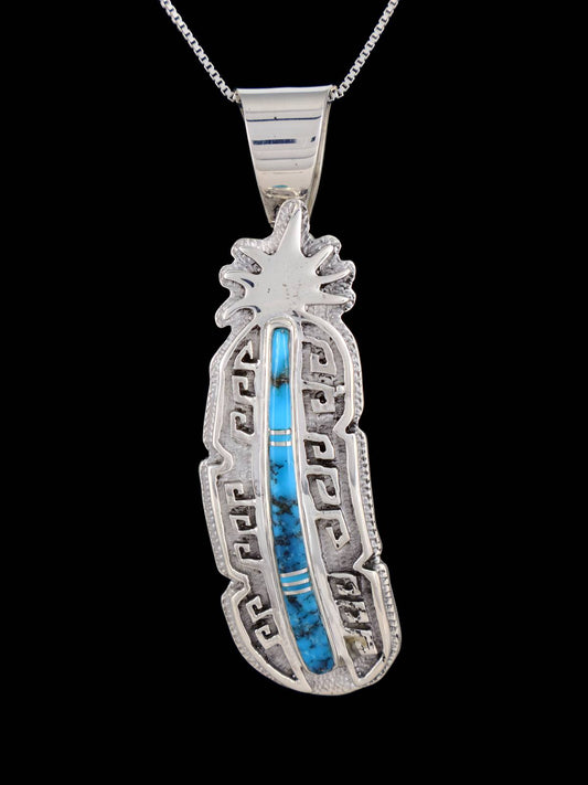 Navajo Inlay Turquoise Sterling Silver Feather Pendant - PuebloDirect.com