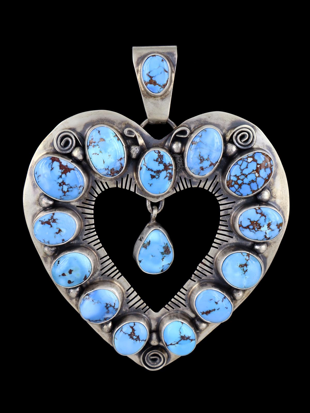 Navajo Golden Hill Turquoise Sterling Silver Large Heart Pendant - PuebloDirect.com