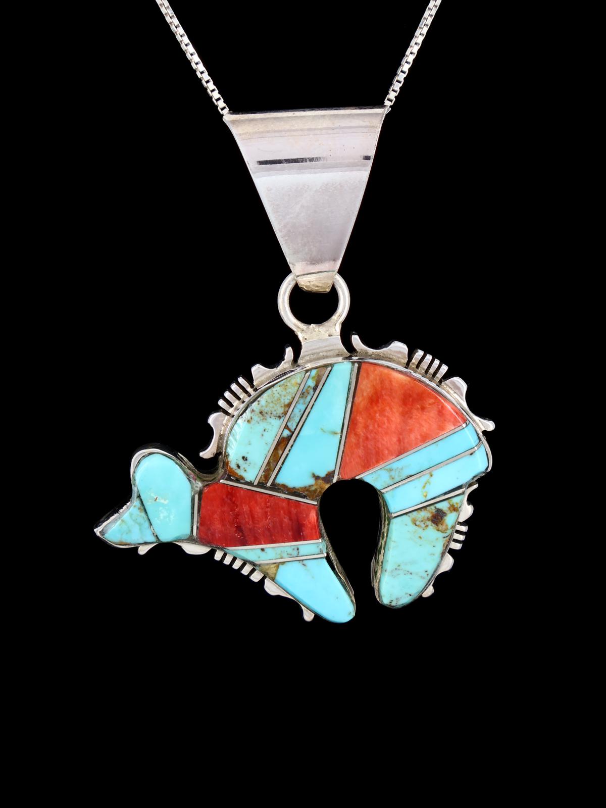 Navajo Spiny Oyster and Turquoise Inlay Bear Pendant