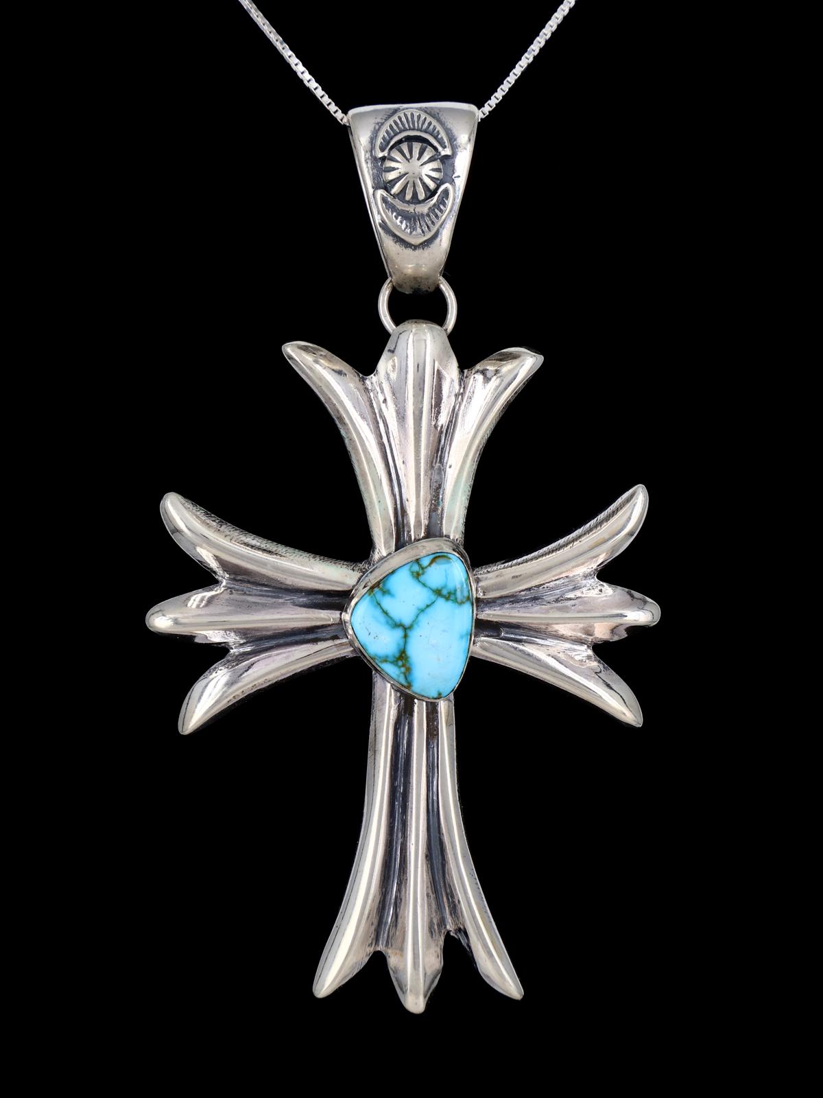 Sterling Silver Kingman Turquoise Navajo Sandcast Cross Pendant