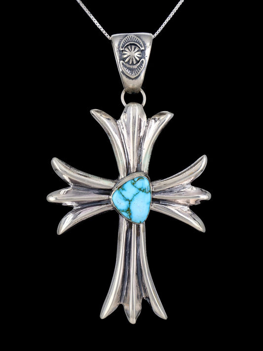 Sterling Silver Kingman Turquoise Navajo Sandcast Cross Pendant