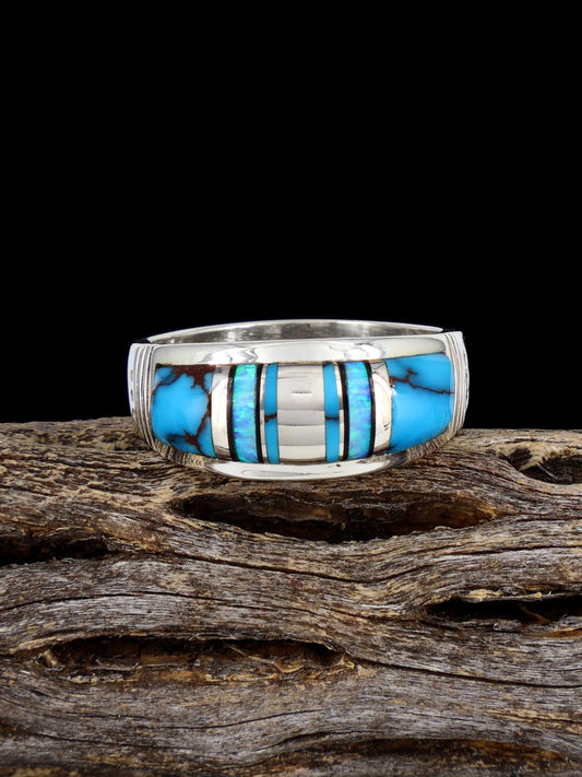 Navajo Turquoise and Opalite Inlay Ring, Size 11 1/2 - PuebloDirect.com