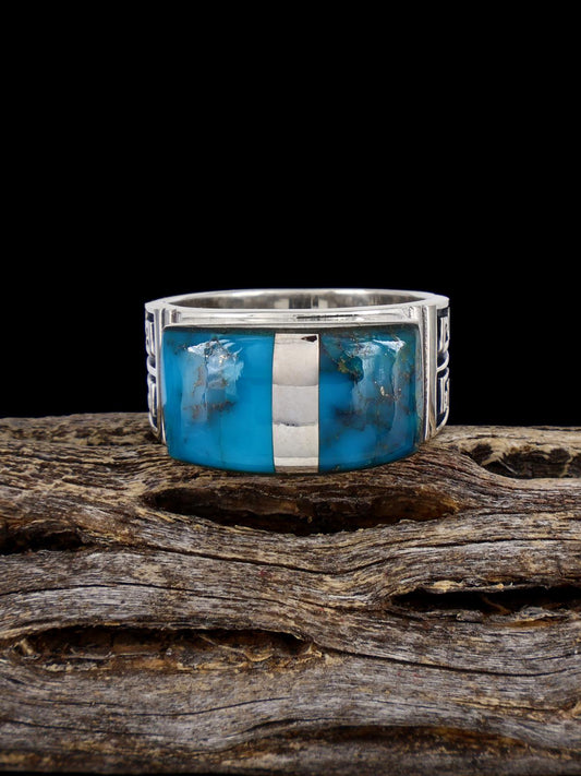 Navajo Turquoise Inlay Ring, Size 9 1/4 - PuebloDirect.com
