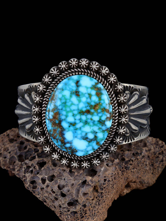 Navajo Natural Kingman Turquoise Sculpted Sterling Silver Cuff Bracelet - PuebloDirect.com