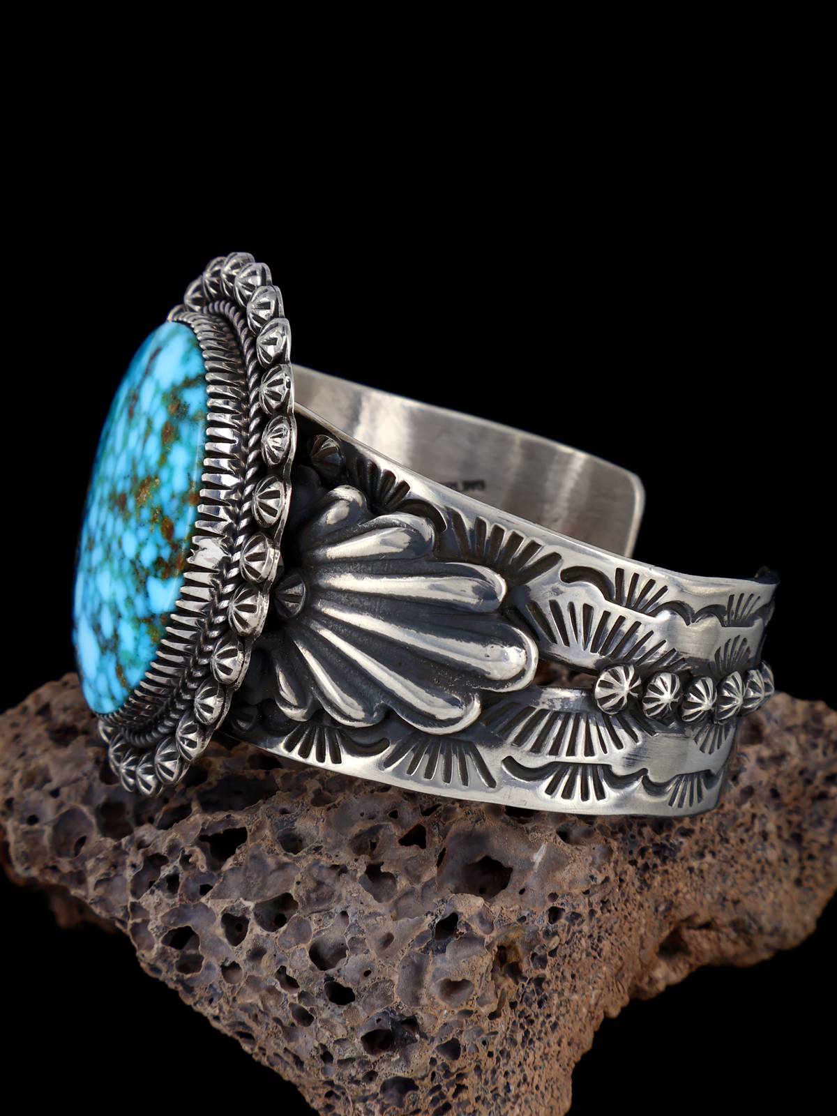 Navajo Natural Kingman Turquoise Sculpted Sterling Silver Cuff Bracelet - PuebloDirect.com
