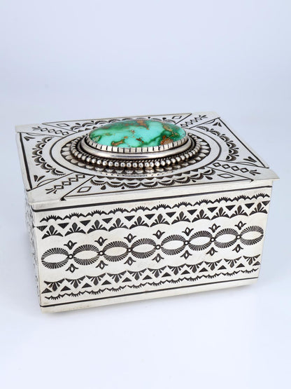 Navajo Sterling Silver Natural Royston Turquoise Stamped Jewelry Box - PuebloDirect.com