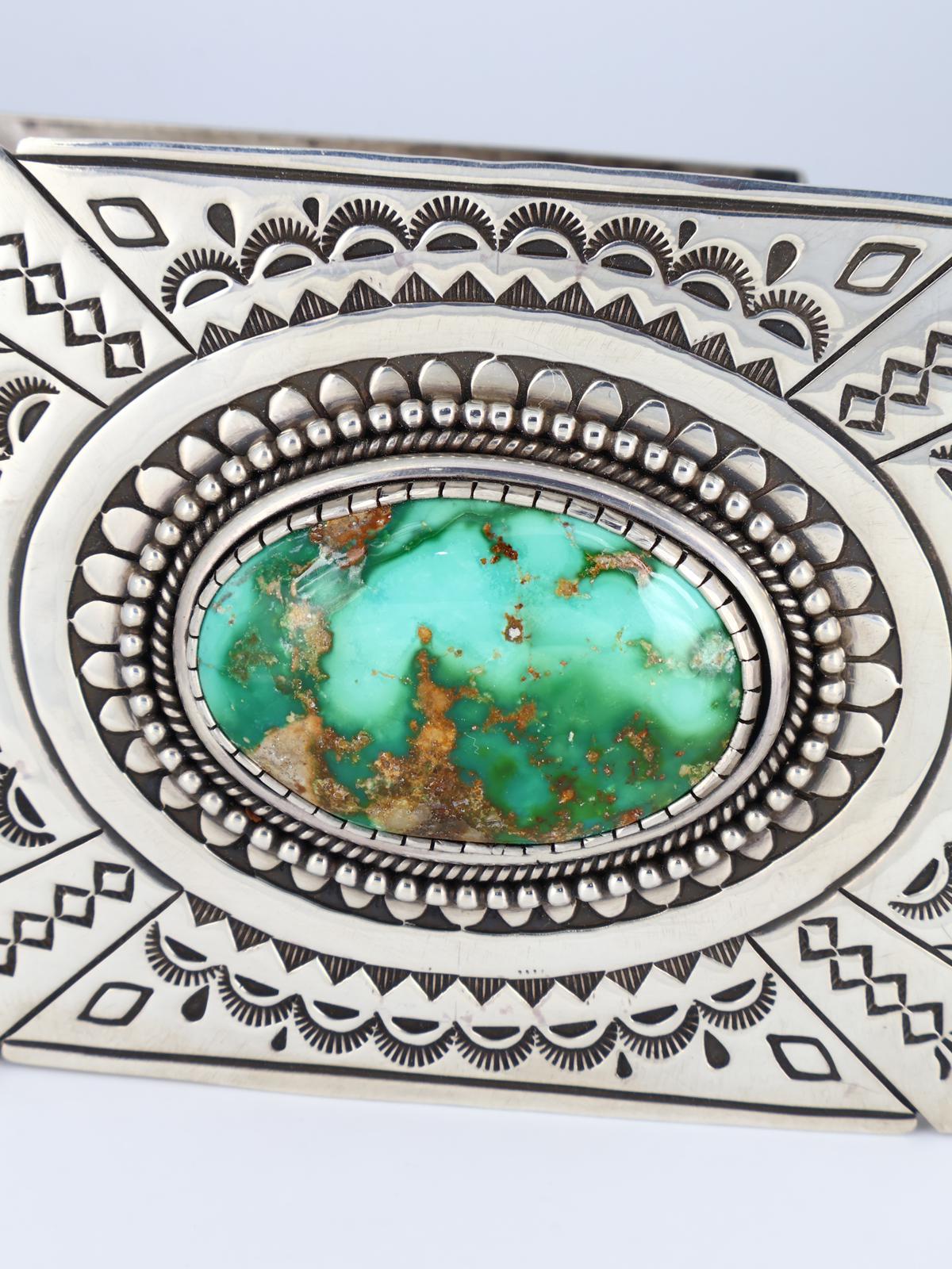 Navajo Sterling Silver Natural Royston Turquoise Stamped Jewelry Box - PuebloDirect.com