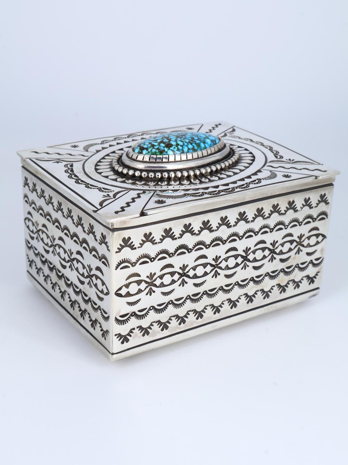 Navajo Sterling Silver Kingman Turquoise Stamped Jewelry Box - PuebloDirect.com