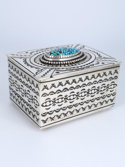 Navajo Sterling Silver Kingman Turquoise Stamped Jewelry Box - PuebloDirect.com