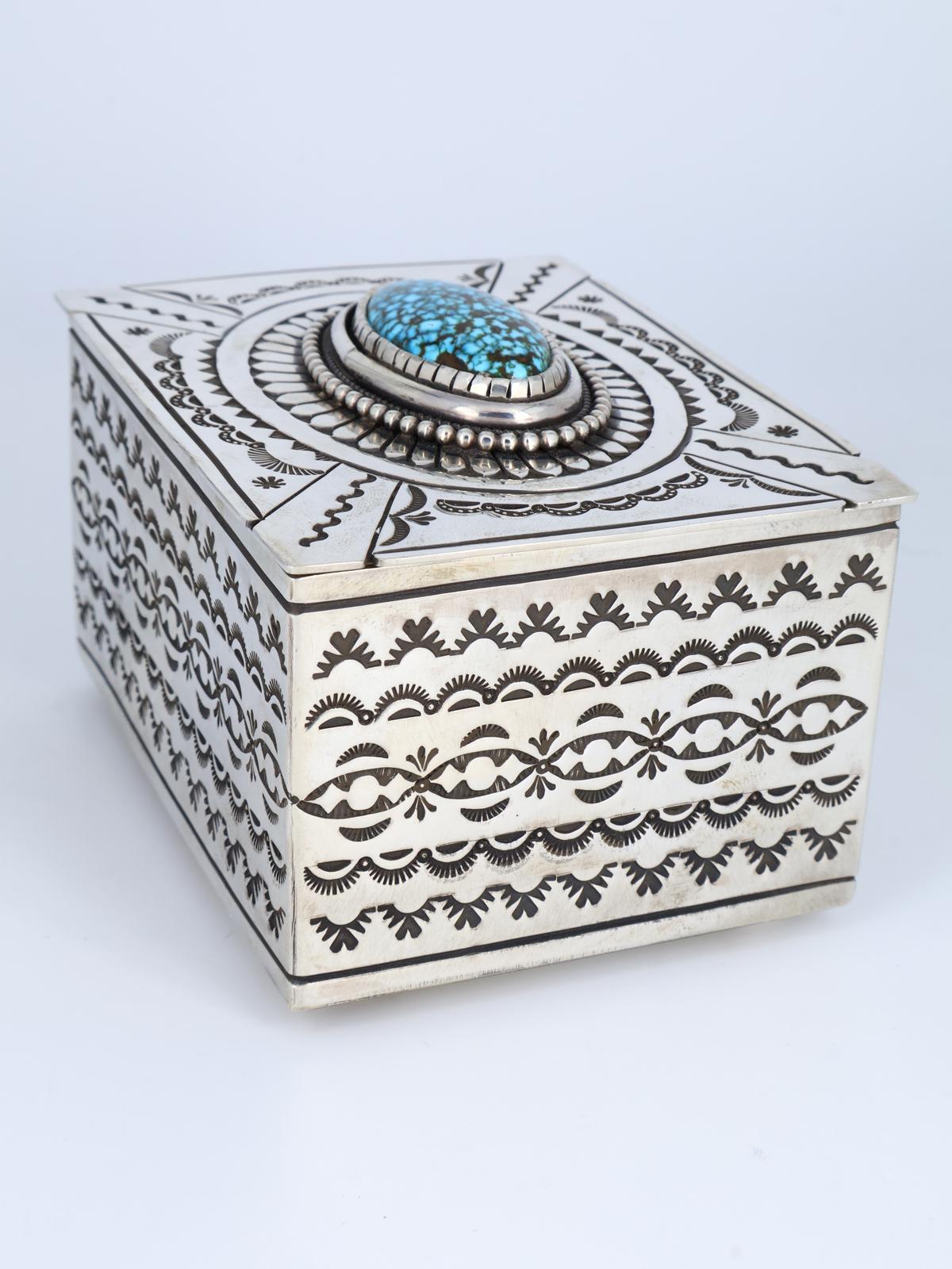 Navajo Sterling Silver Kingman Turquoise Stamped Jewelry Box - PuebloDirect.com