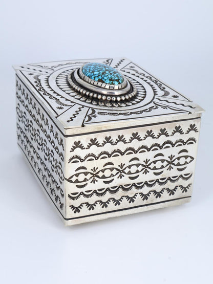 Navajo Sterling Silver Kingman Turquoise Stamped Jewelry Box - PuebloDirect.com