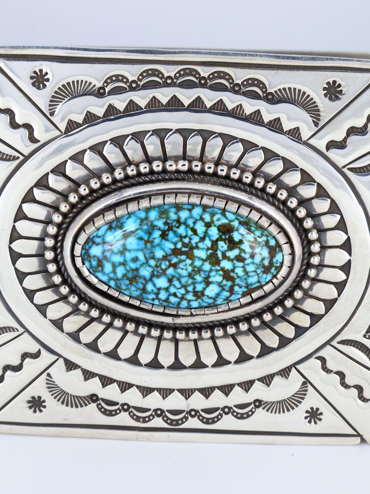Navajo Sterling Silver Kingman Turquoise Stamped Jewelry Box - PuebloDirect.com