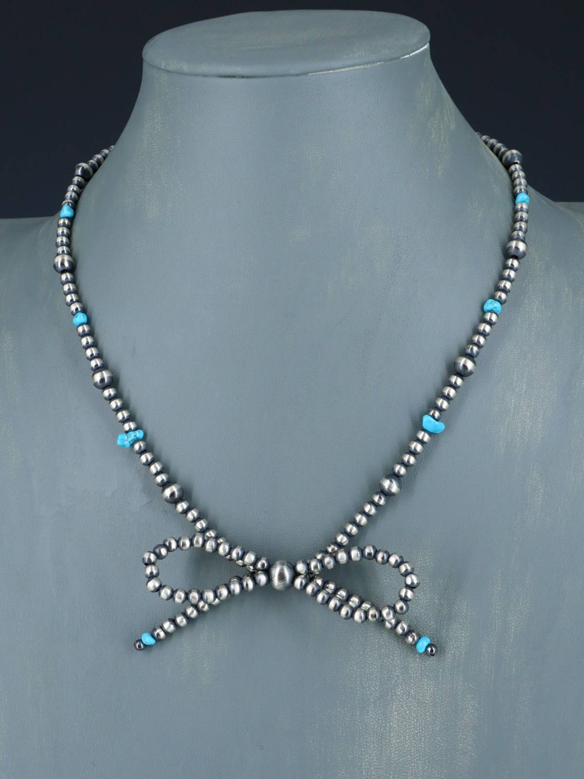18" Navajo Jewelry Single Strand Sterling Silver and Turquoise Bow Beaded Necklace - PuebloDirect.com