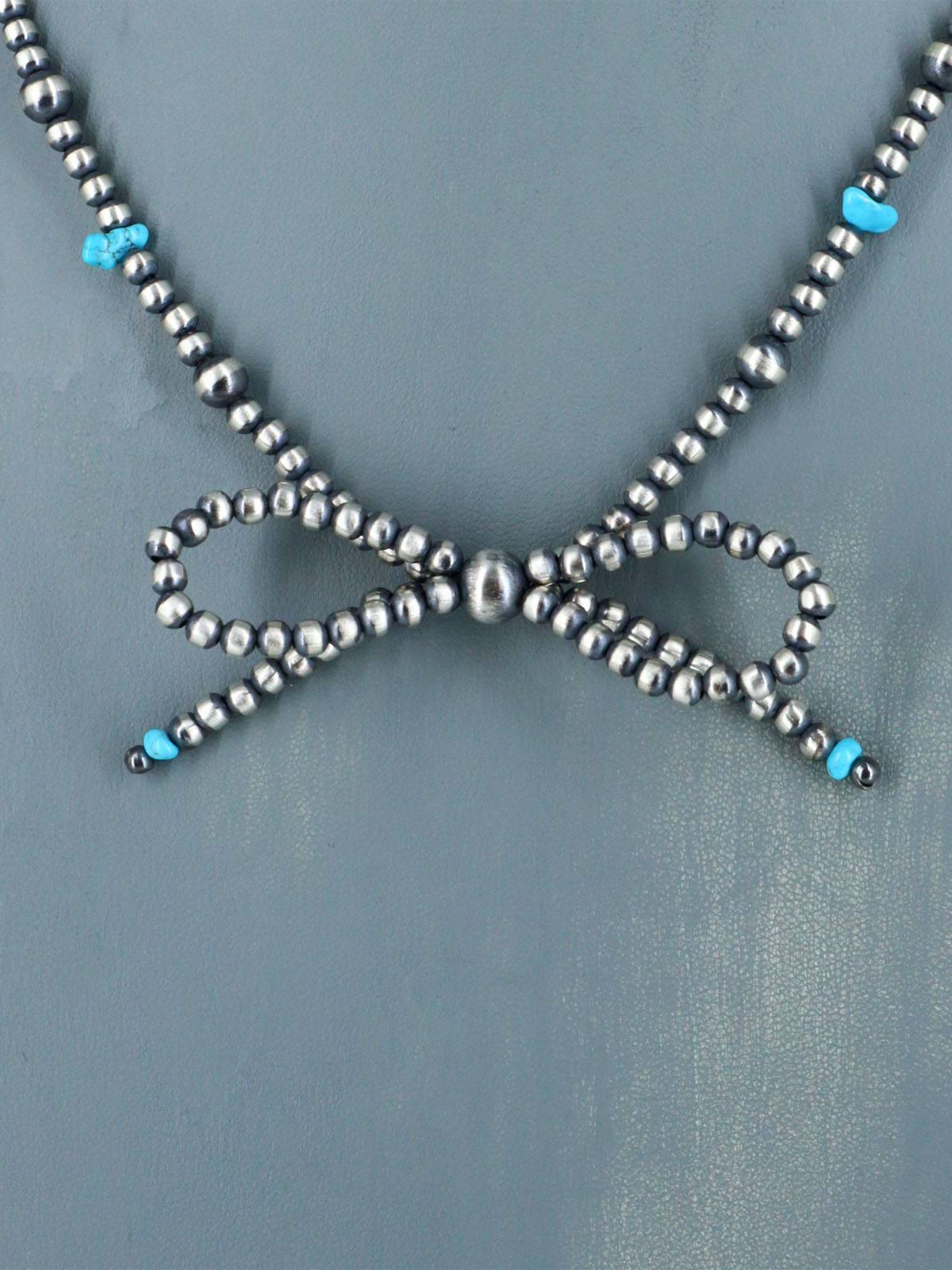 18" Navajo Jewelry Single Strand Sterling Silver and Turquoise Bow Beaded Necklace - PuebloDirect.com