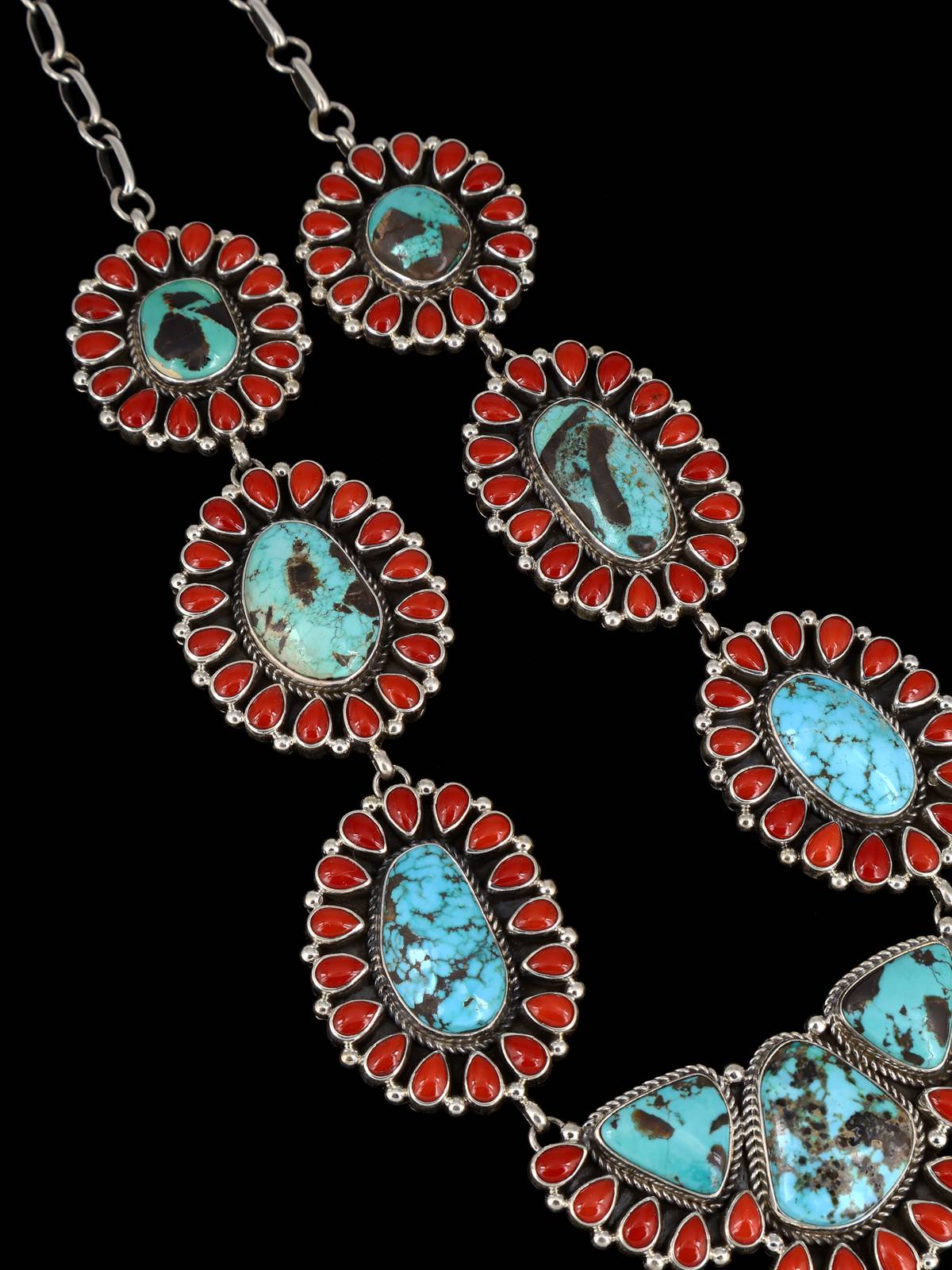 Native American Sterling Silver Carico Lake Turquoise and Coral Lariat Necklace - PuebloDirect.com