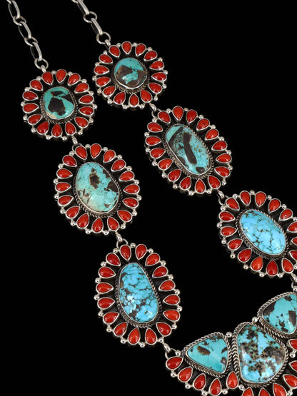 Native American Sterling Silver Carico Lake Turquoise and Coral Lariat Necklace - PuebloDirect.com