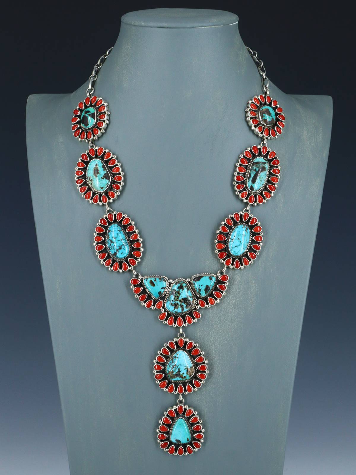 Native American Sterling Silver Carico Lake Turquoise and Coral Lariat Necklace - PuebloDirect.com