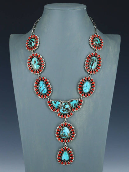 Native American Sterling Silver Carico Lake Turquoise and Coral Lariat Necklace - PuebloDirect.com