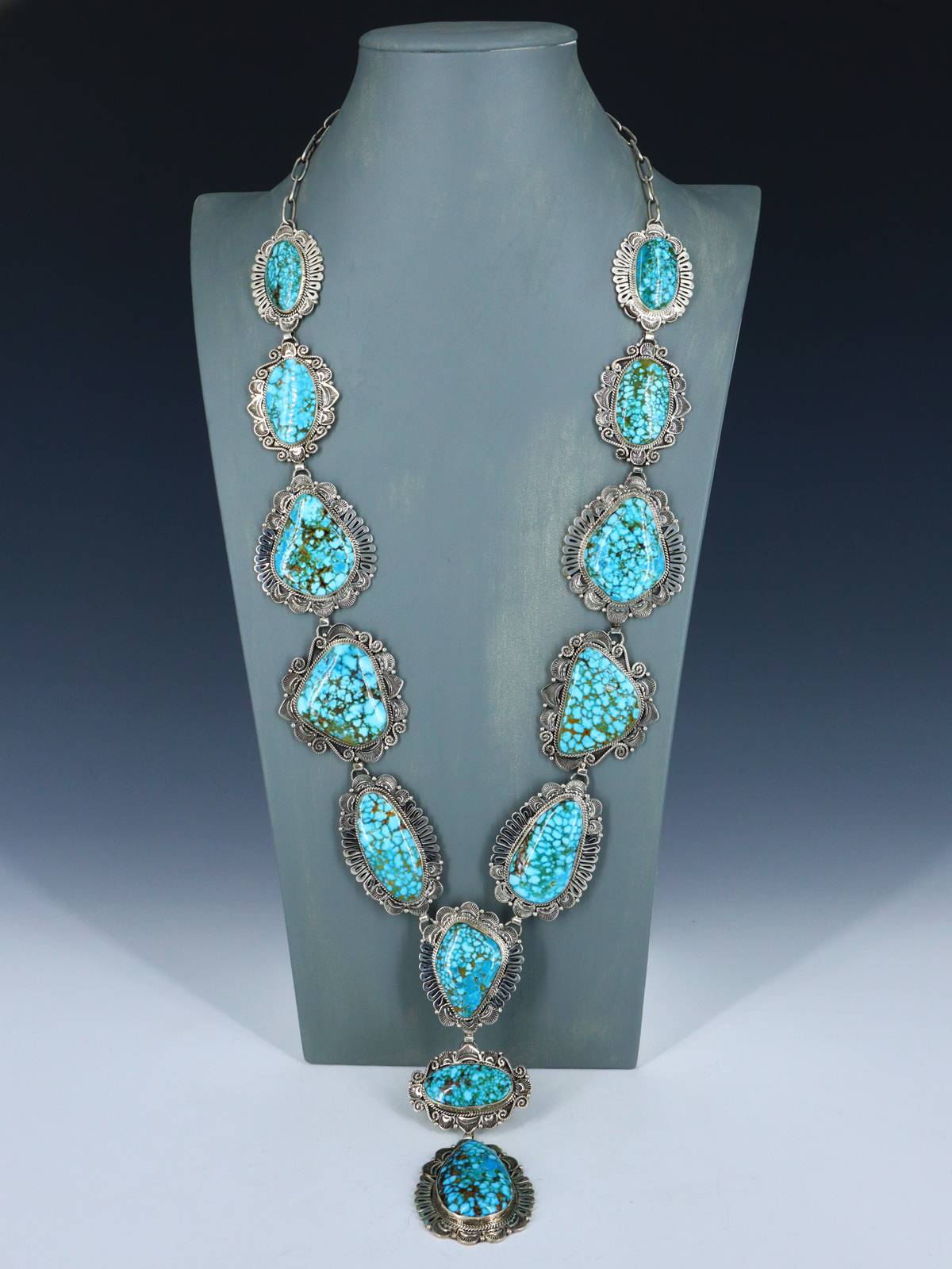 Native American Jewelry Sterling Silver Kingman Turquoise Lariat Necklace - PuebloDirect.com