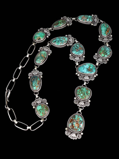 Native American Sterling Silver Carico Turquoise and Variscite Lariat Y Necklace - PuebloDirect.com