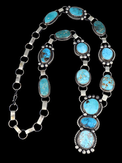 Native American Sterling Silver Carico Lake Turquoise Lariat Necklace - PuebloDirect.com