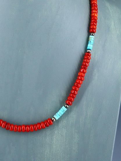Santo Domingo Single Strand Apple Coral and Turquoise Necklace