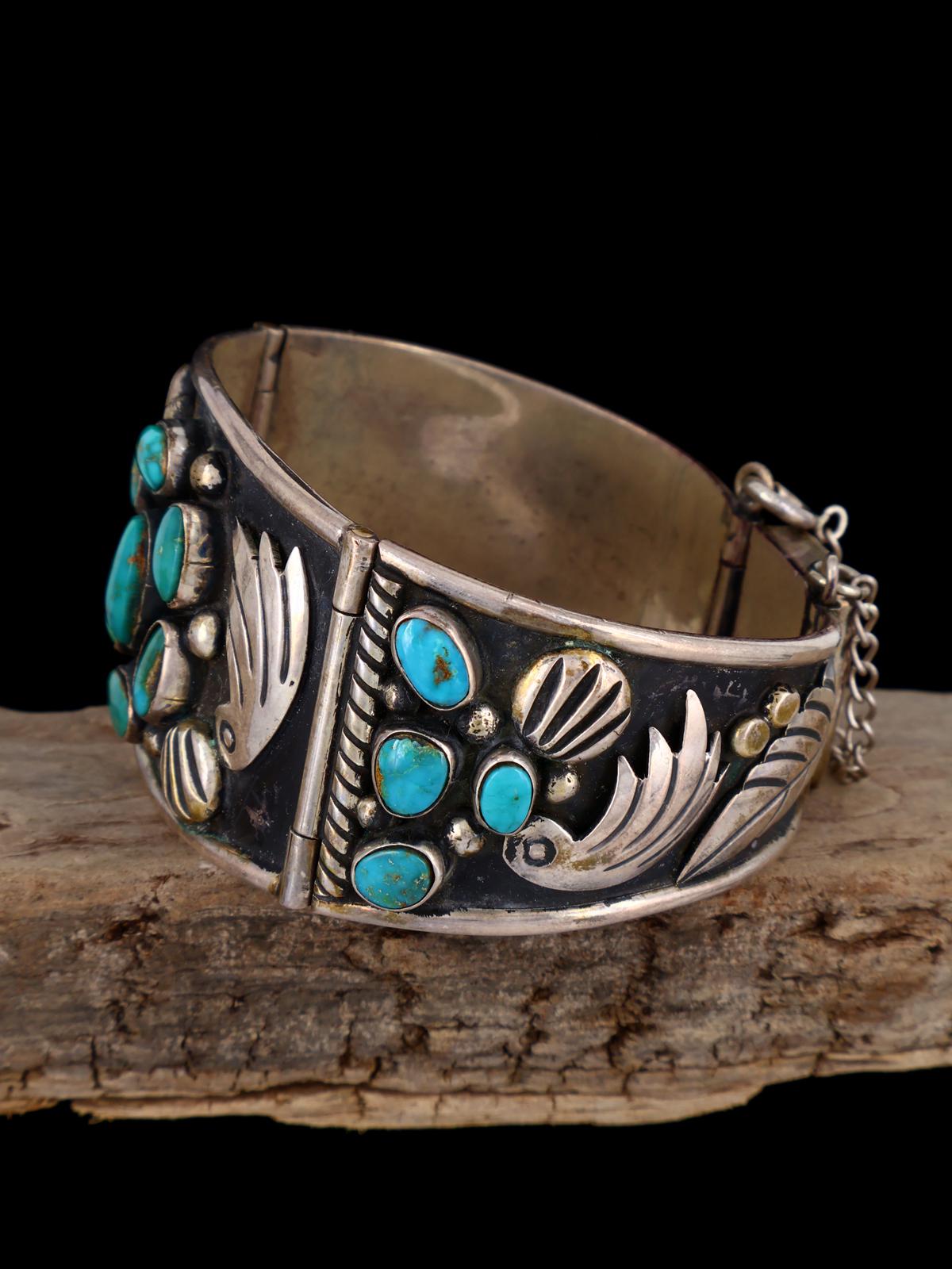 Vintage Estate Navajo Sterling Silver Blue Gem Turquoise Bracelet - PuebloDirect.com