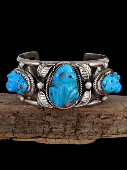 Vintage Zuni Turquoise Carved Frog Sterling Silver Bracelet - PuebloDirect.com