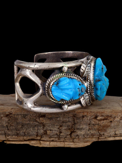 Vintage Zuni Turquoise Carved Frog Sterling Silver Bracelet - PuebloDirect.com