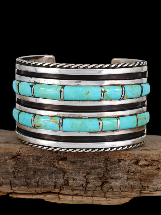 Vintage Navajo Sterling Silver Turquoise Inlay Cuff Bracelet - PuebloDirect.com