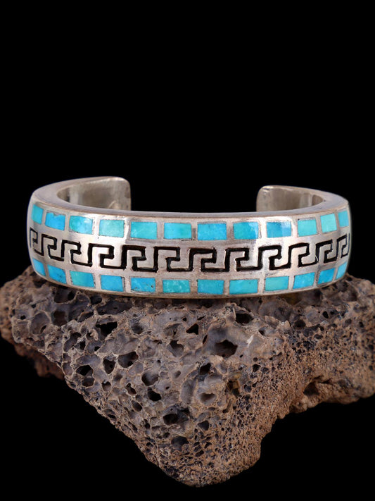 Vintage Navajo Sterling Silver Turquoise Inlay Cuff Bracelet - PuebloDirect.com