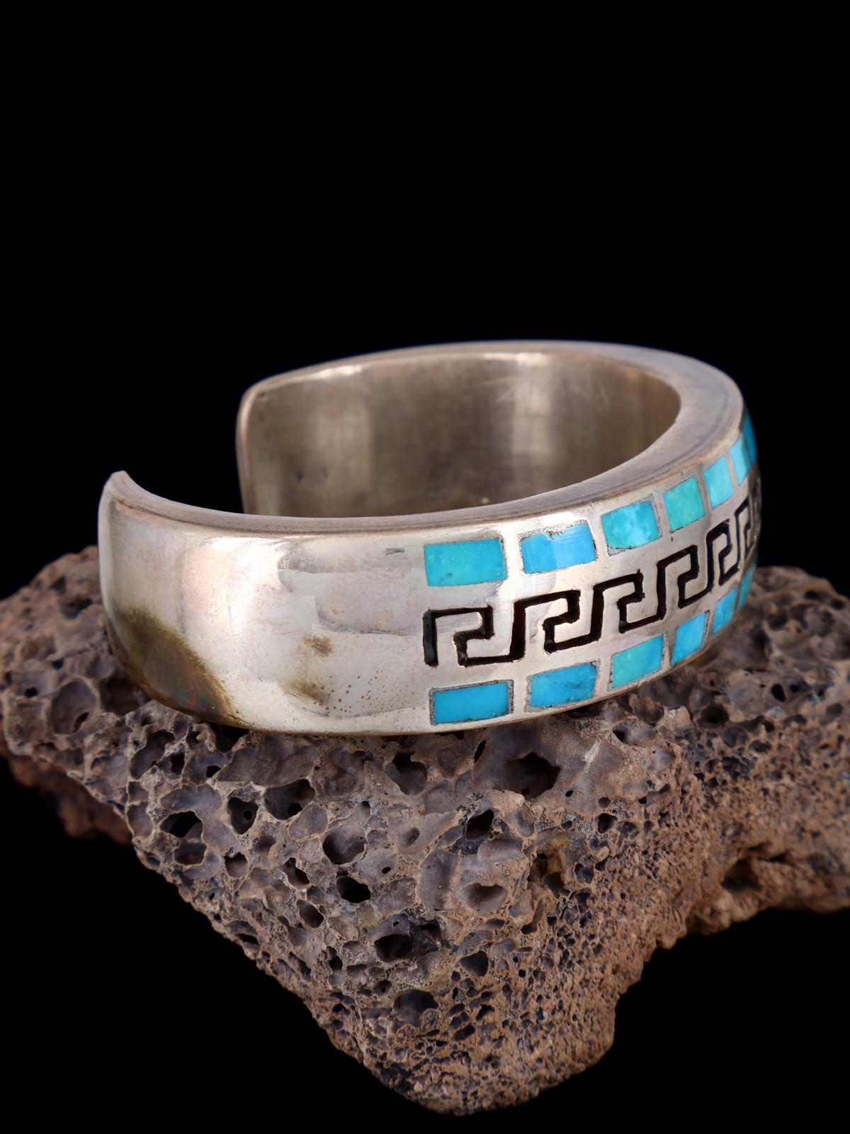 Vintage Navajo Sterling Silver Turquoise Inlay Cuff Bracelet - PuebloDirect.com
