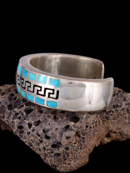 Vintage Navajo Sterling Silver Turquoise Inlay Cuff Bracelet - PuebloDirect.com