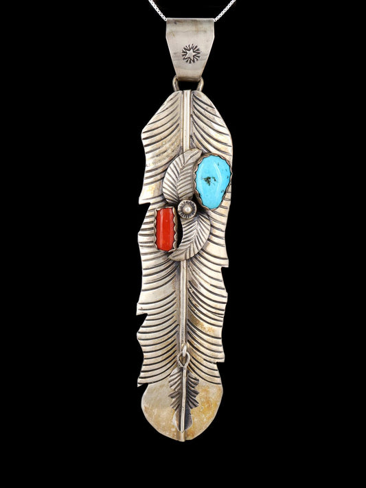 Vintage Large Native American Sterling Silver Turquoise and Coral Feather Pendant - PuebloDirect.com