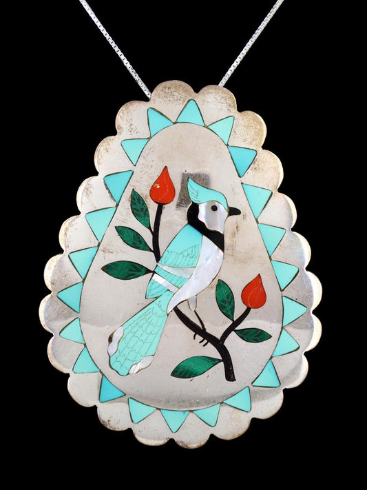 Vintage Estate Sterling Silver Zuni Inlay  Blue Jay Pendant - PuebloDirect.com