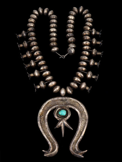 Old Native American Turquoise Sterling Silver Squash Blossom Necklace - PuebloDirect.com