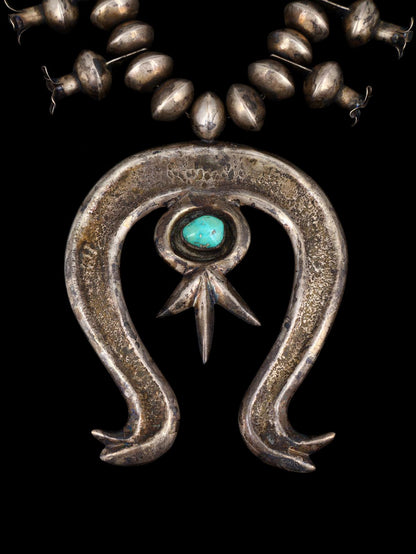 Old Native American Turquoise Sterling Silver Squash Blossom Necklace - PuebloDirect.com