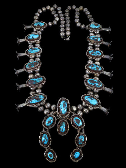 Large Vintage Native American Turquise Sterling Silver Squash Blossom Necklace - PuebloDirect.com
