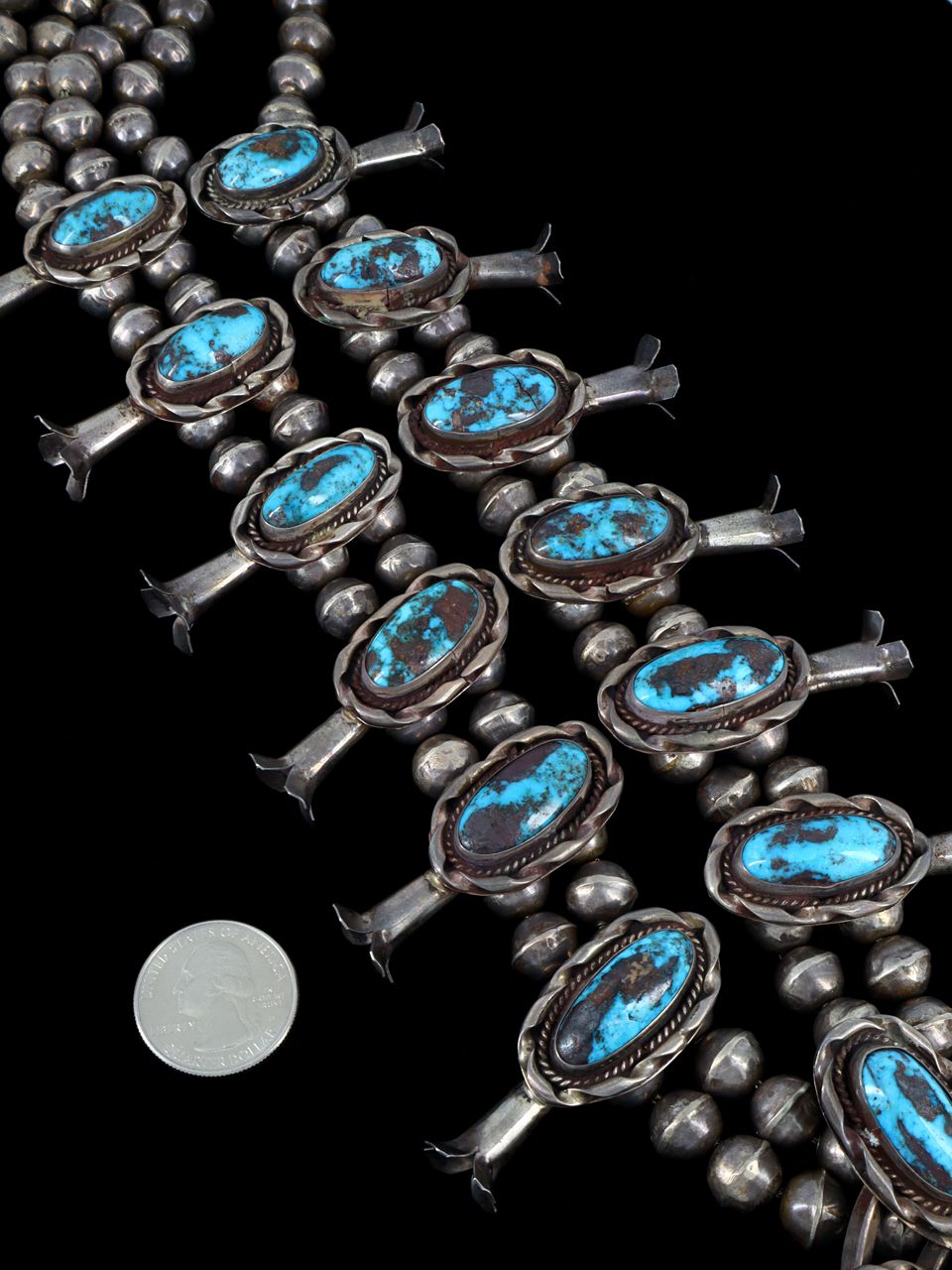 Large Vintage Native American Turquise Sterling Silver Squash Blossom Necklace - PuebloDirect.com