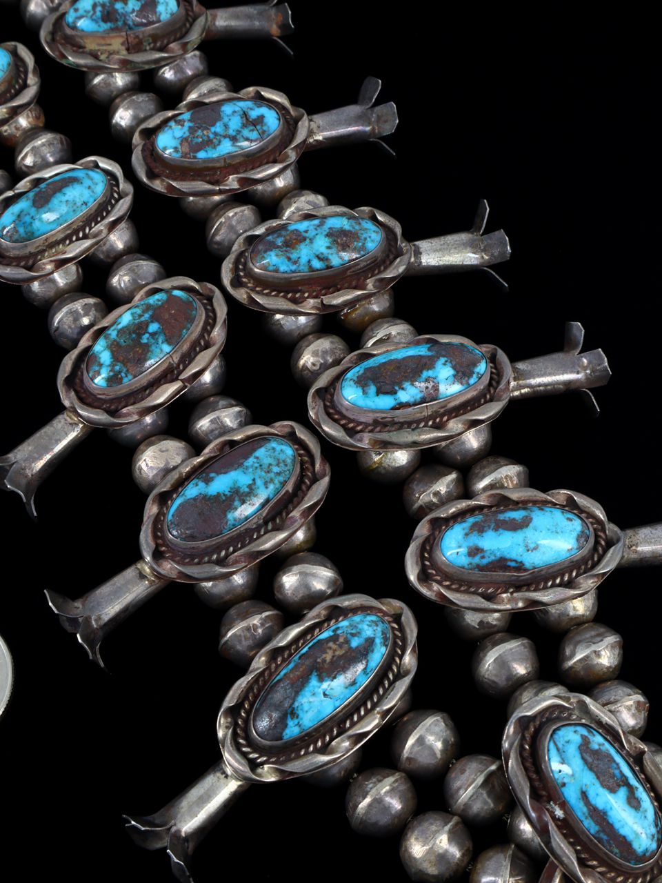 Large Vintage Native American Turquise Sterling Silver Squash Blossom Necklace - PuebloDirect.com