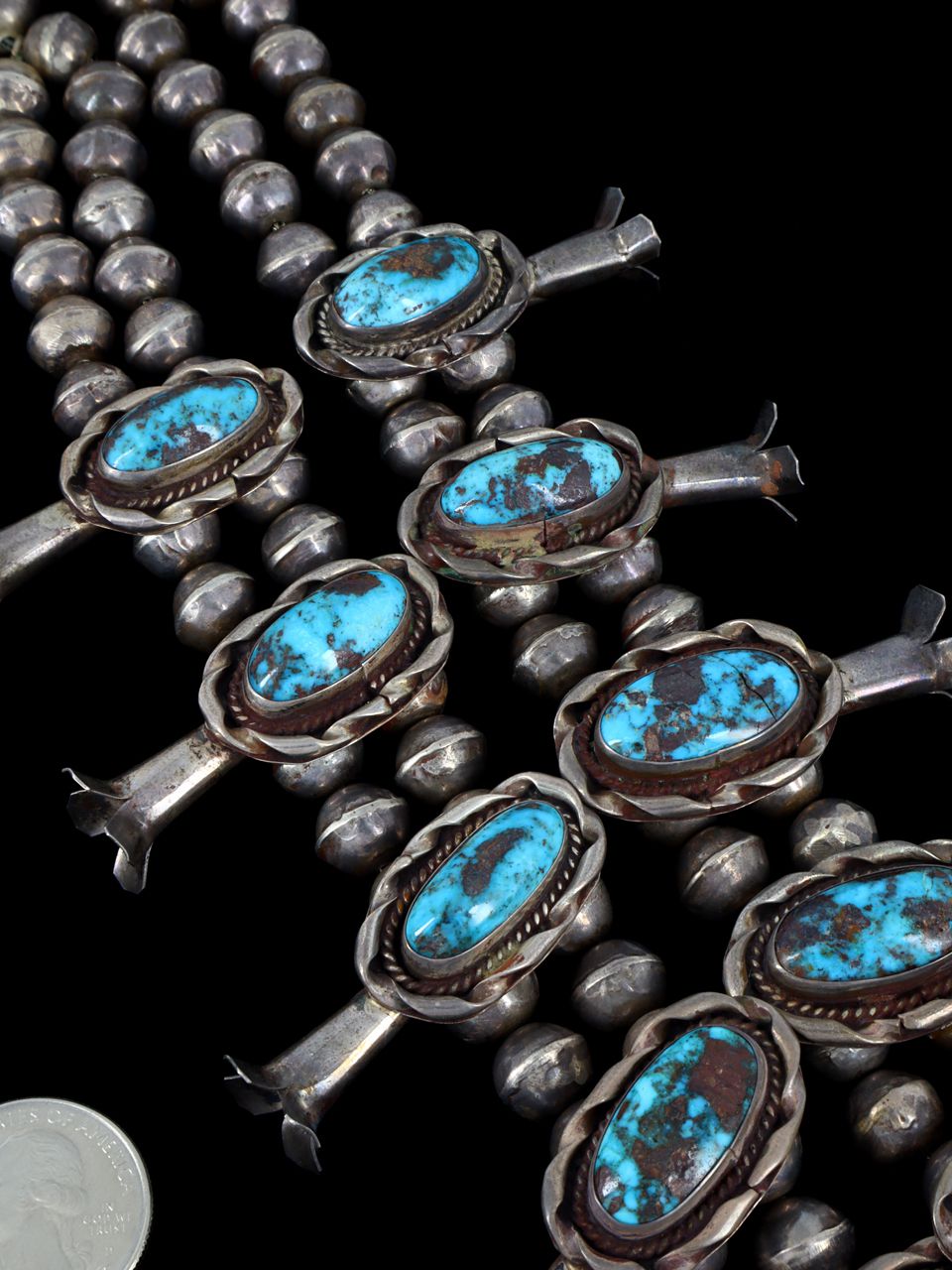 Large Vintage Native American Turquise Sterling Silver Squash Blossom Necklace - PuebloDirect.com