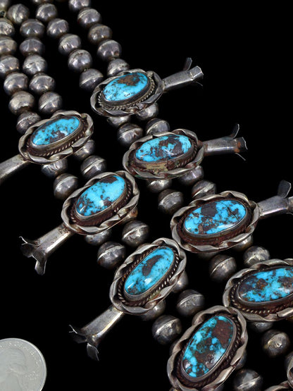 Large Vintage Native American Turquise Sterling Silver Squash Blossom Necklace - PuebloDirect.com