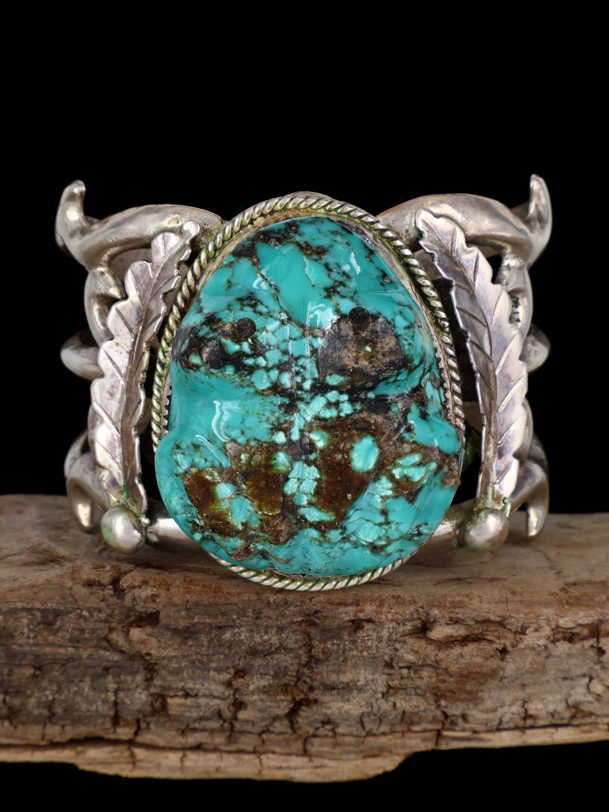 Vintage Estate Sterling Silver Carved Turquoise Frog Bracelet - PuebloDirect.com